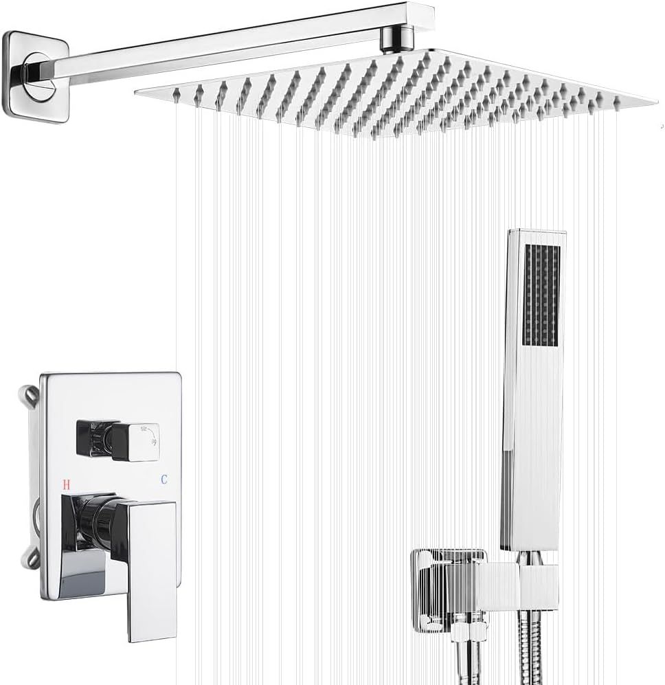 10-Inch Polished Chrome Square Rain Shower System with Handheld