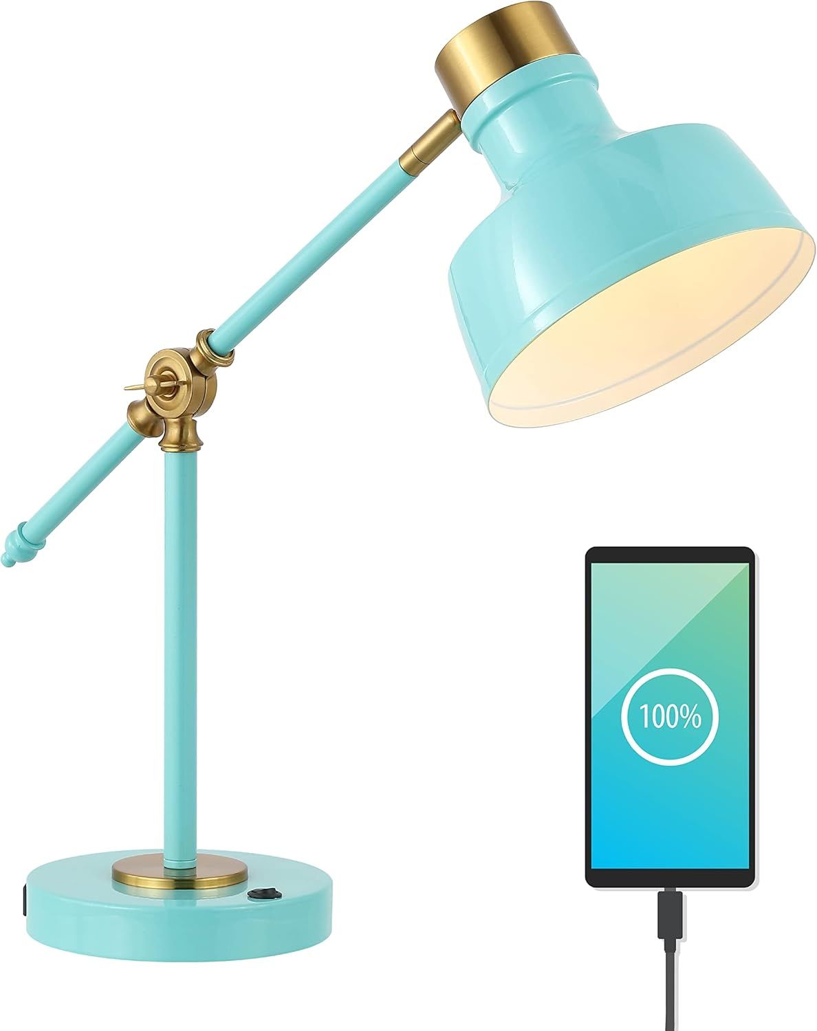 Cyan and Brass Adjustable Edison LED Task Lamp with USB