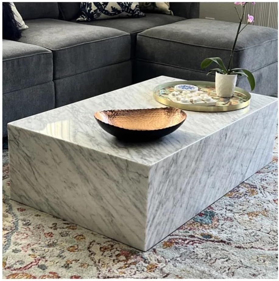 Carrara Marble Block Coffee Table with Natural Veining