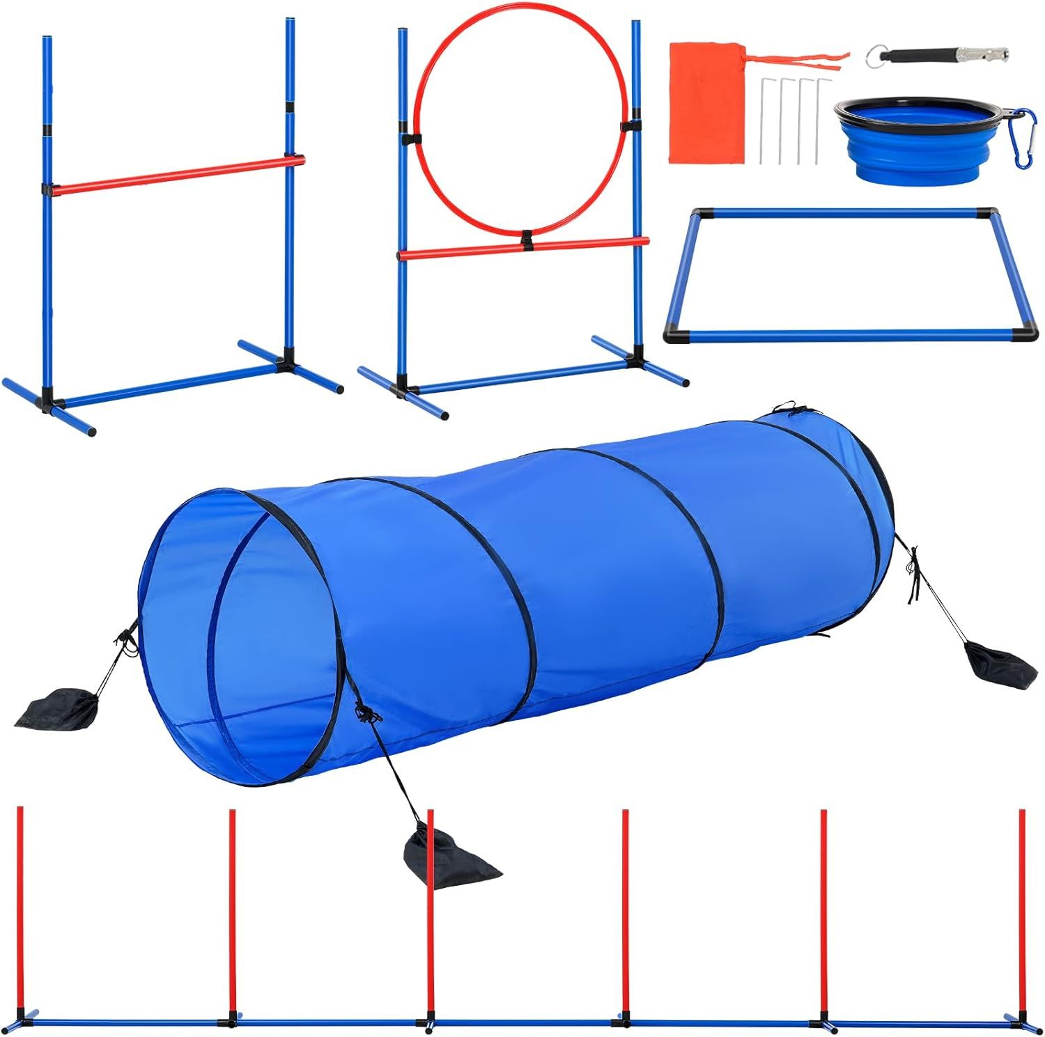 Blue and Red PVC Dog Agility Training Set with Tunnel