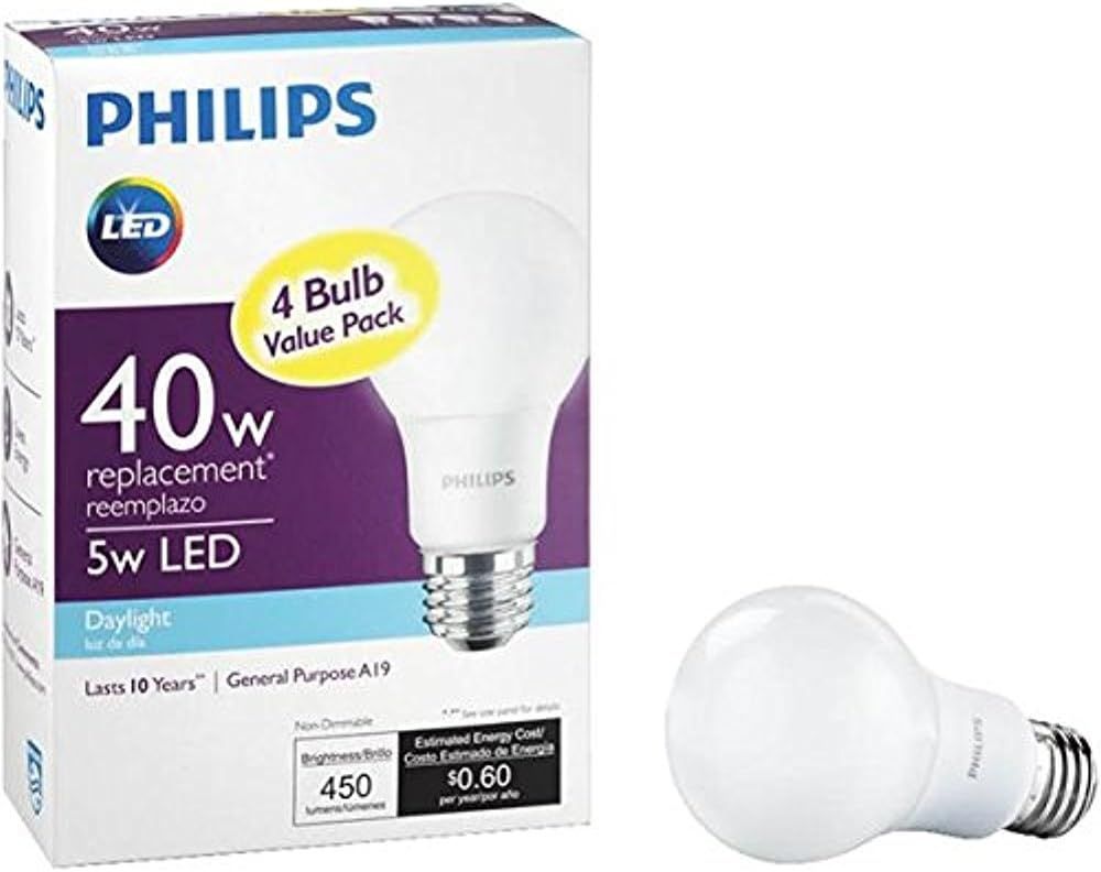 Philips 40W Equivalent Daylight White A19 LED Bulbs, 4-Pack