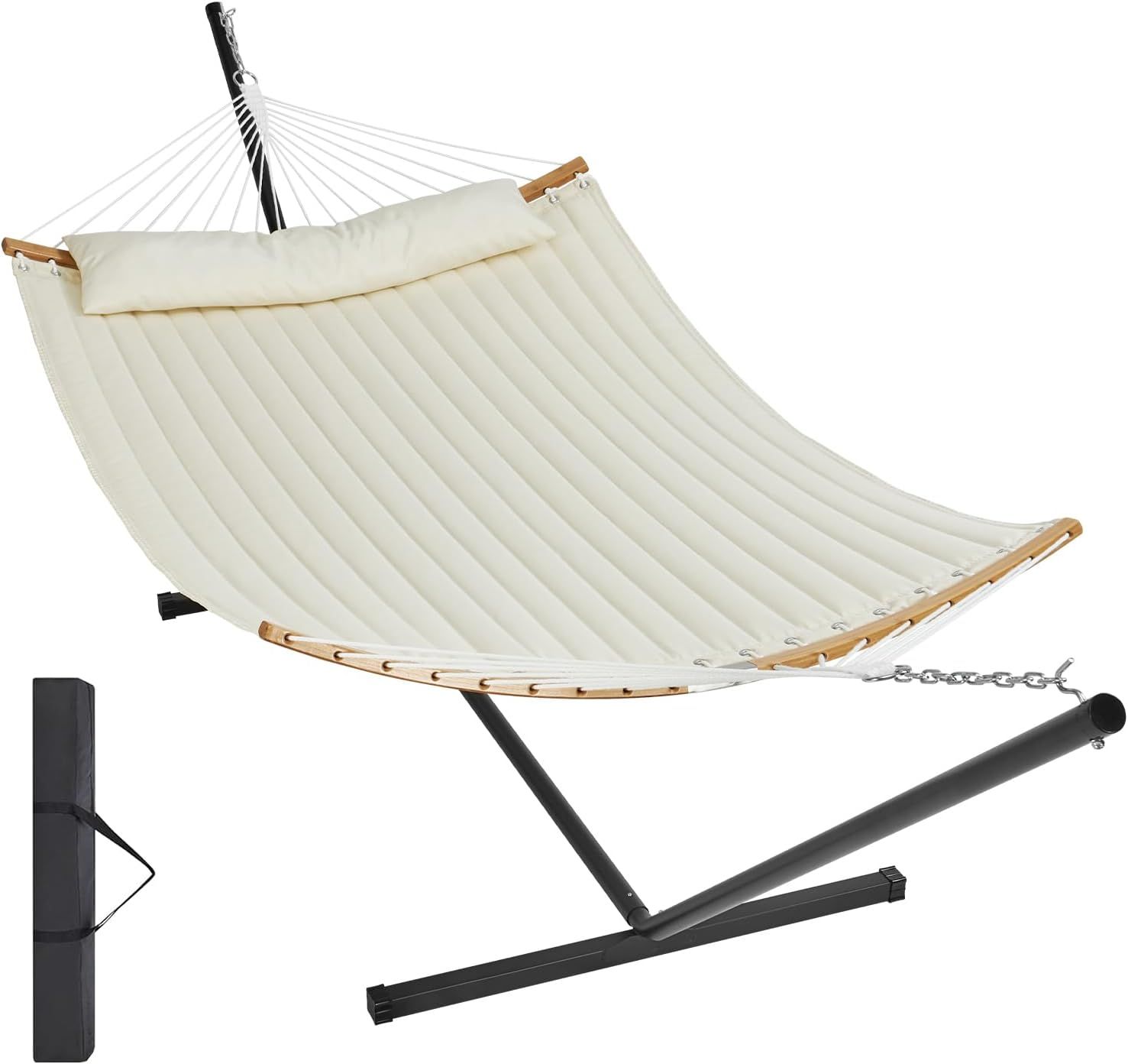 Cream Double Quilted Fabric Hammock with Bamboo Spreader Bars and Stand