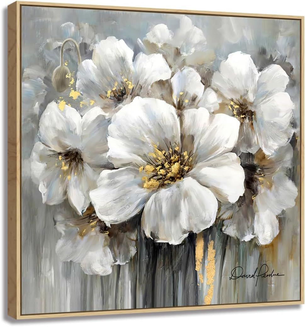 Square White and Gray Floral Canvas Painting with Gold Accents