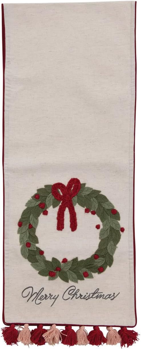 Festive Cotton Merry Christmas Table Runner with Embroidered Wreaths