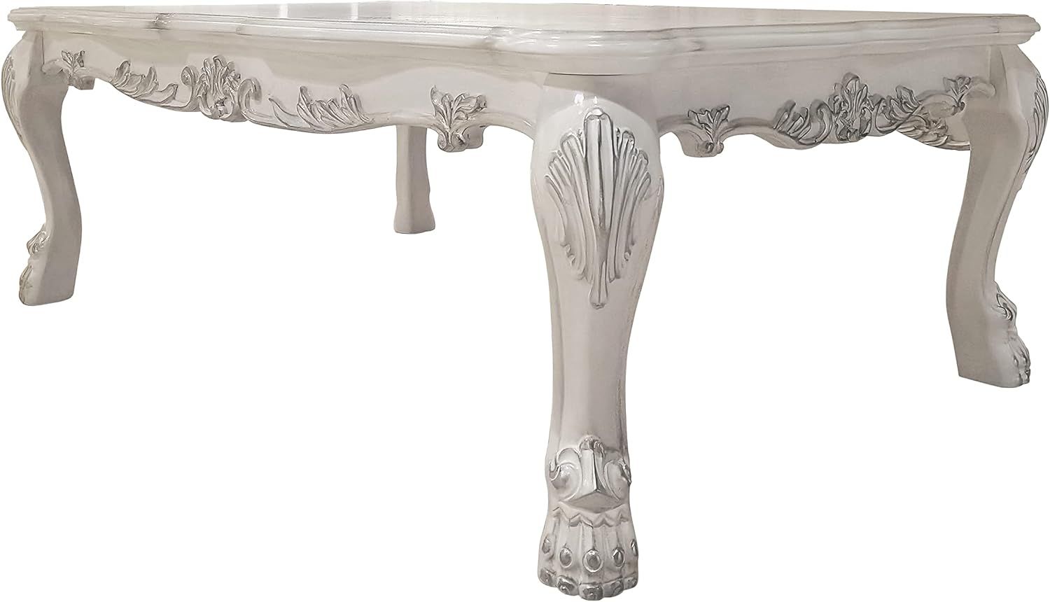 Bone White Rectangular Wood Coffee Table with Claw Legs