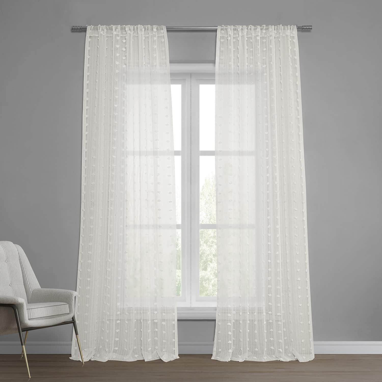 Strasbourg Dot White Sheer Linen-Blend Window Panel 50" x 84"