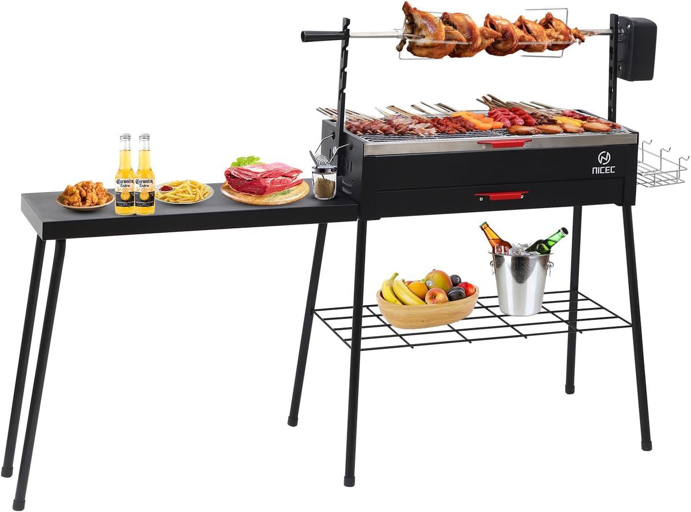 Portable Black Stainless Steel Rotisserie Charcoal Grill with Side Table