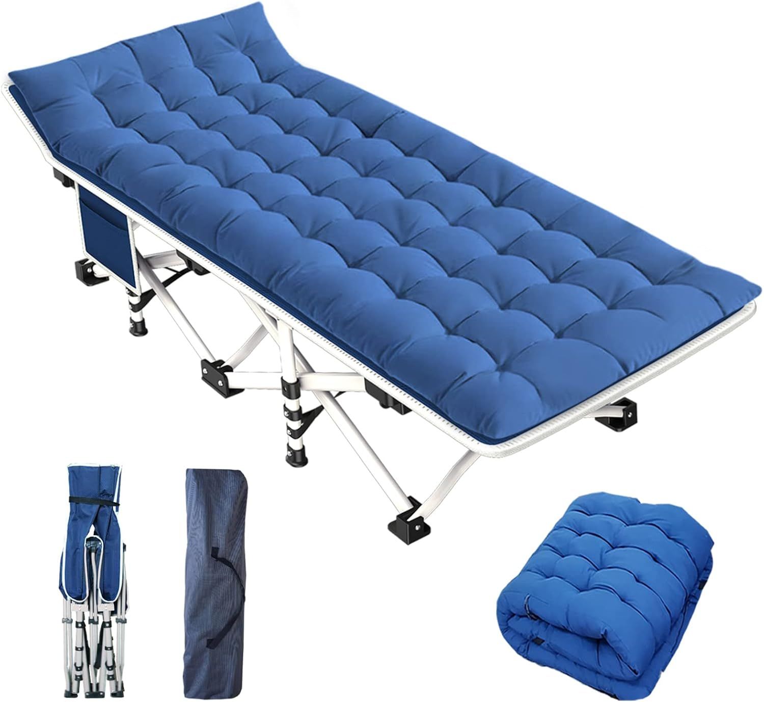 Blue Heavy Duty Folding Camping Cot with Thick Pad