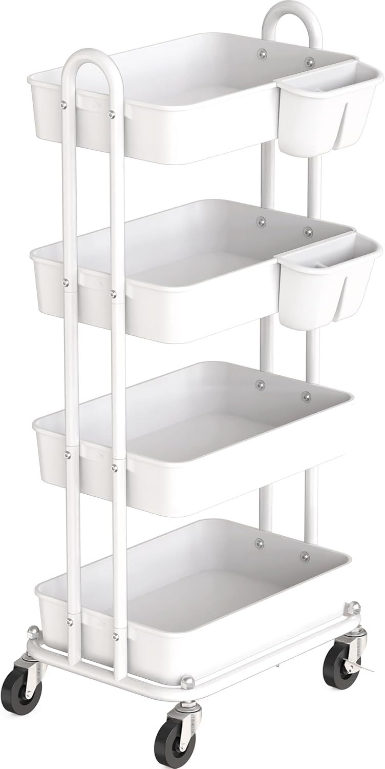 White Metal 4-Tier Utility Rolling Cart with Swivel Casters