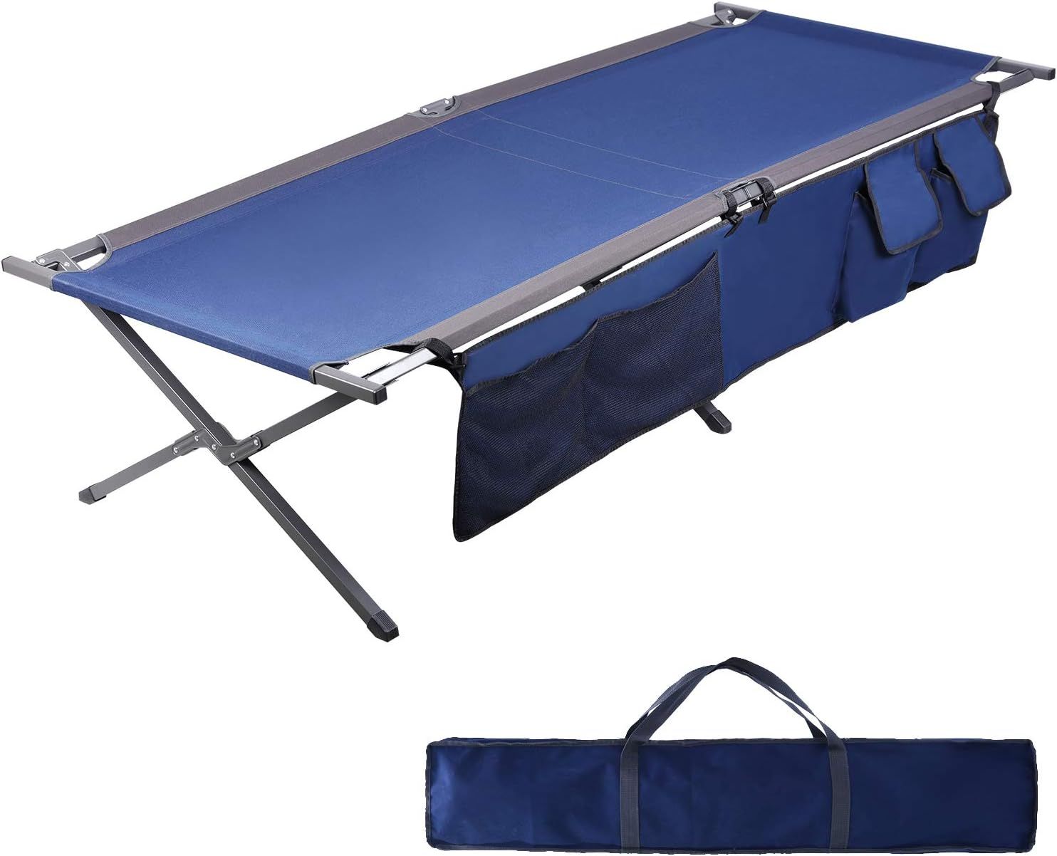 Blue Steel Folding Portable Camping Cot with Storage Organizer