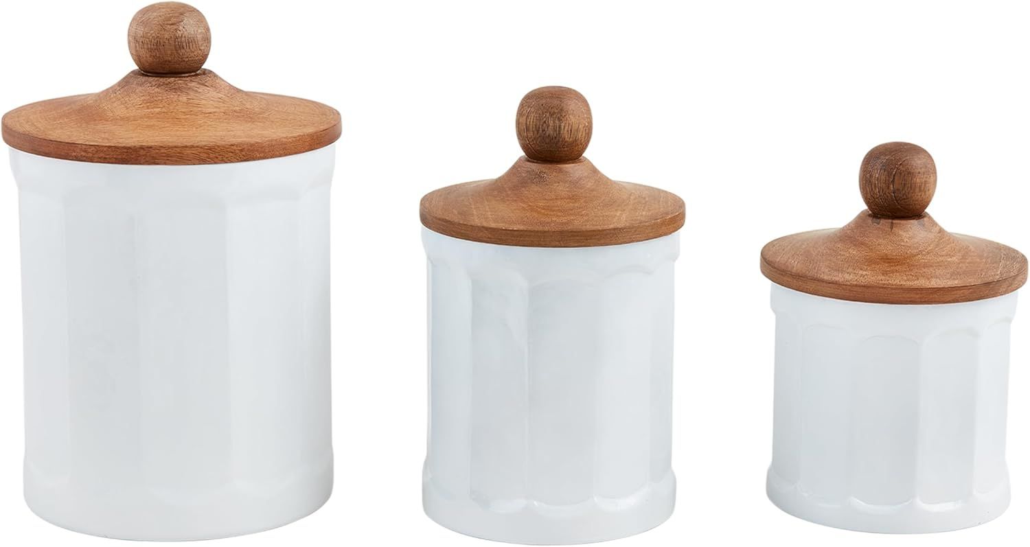 White Fluted Glass Canister Set with Wood Lids