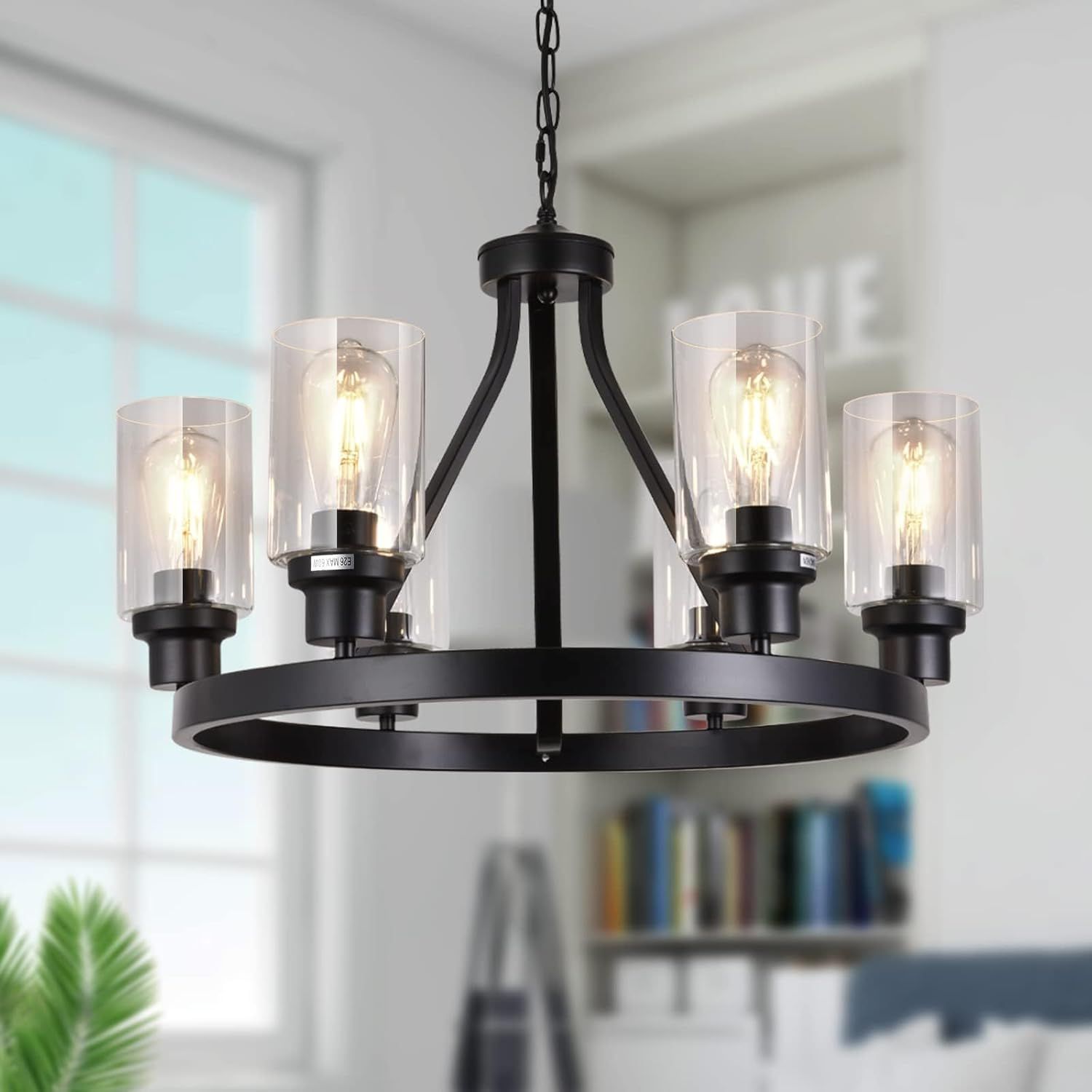 Black 6-Light Farmhouse Round Glass Shade Chandelier