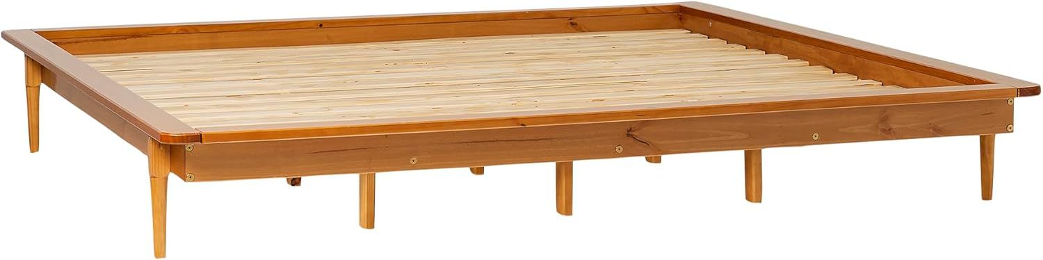 King-Size Mid-Century Modern Solid Pine Platform Bed - Walnut Finish