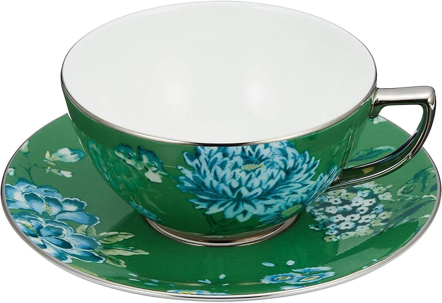 Chinoiserie Green Floral Porcelain Teacup and Saucer Set