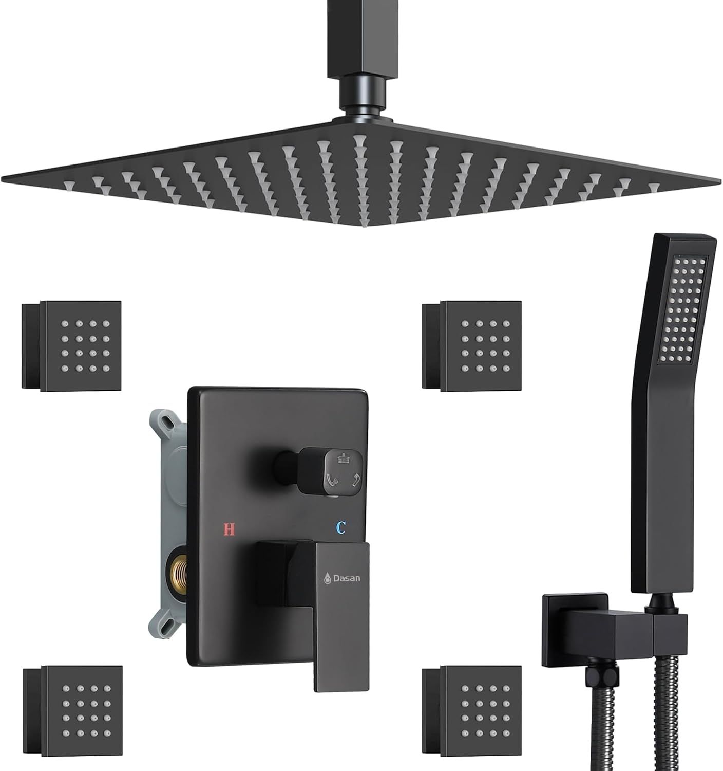 Matte Black Ceiling Mounted Shower System with Body Sprays