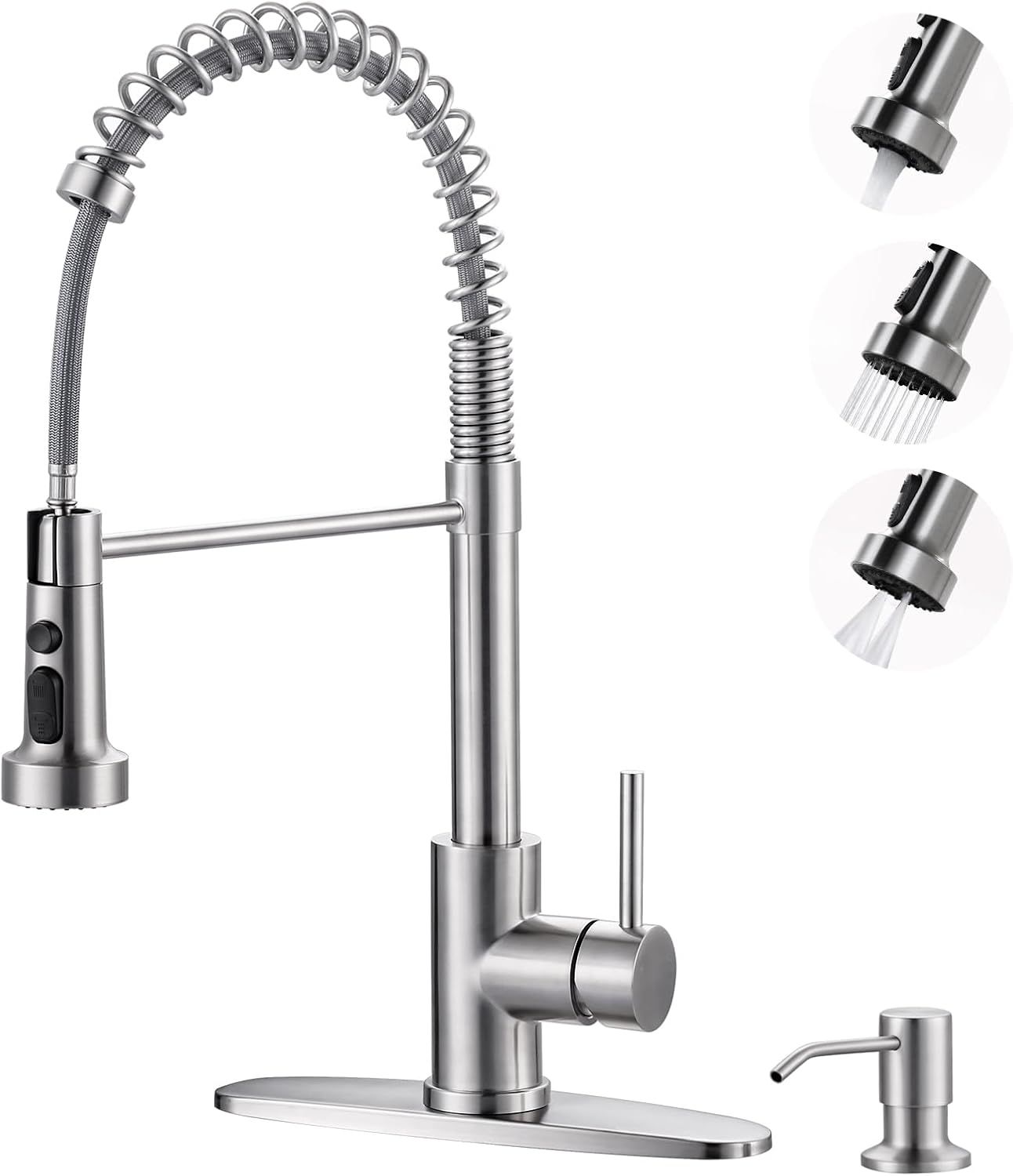 Brushed Nickel Single Handle Pull Down Kitchen Faucet with Soap Dispenser