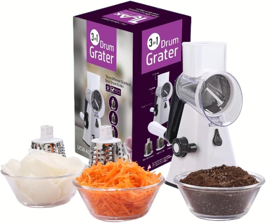 White and Black Multipurpose Rotary Cheese Grater with Stainless Steel Blades