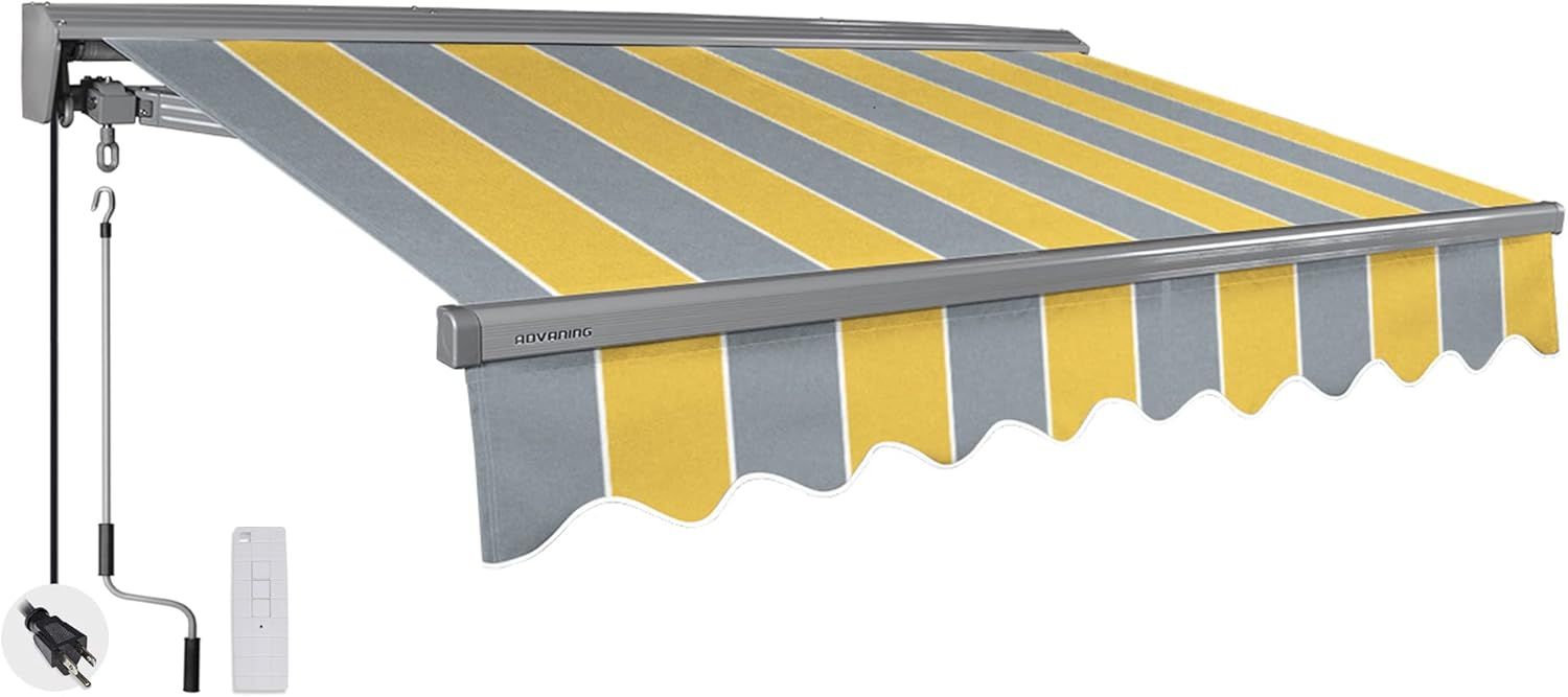 Golden Yellow and Gray Striped Electric Retractable Awning