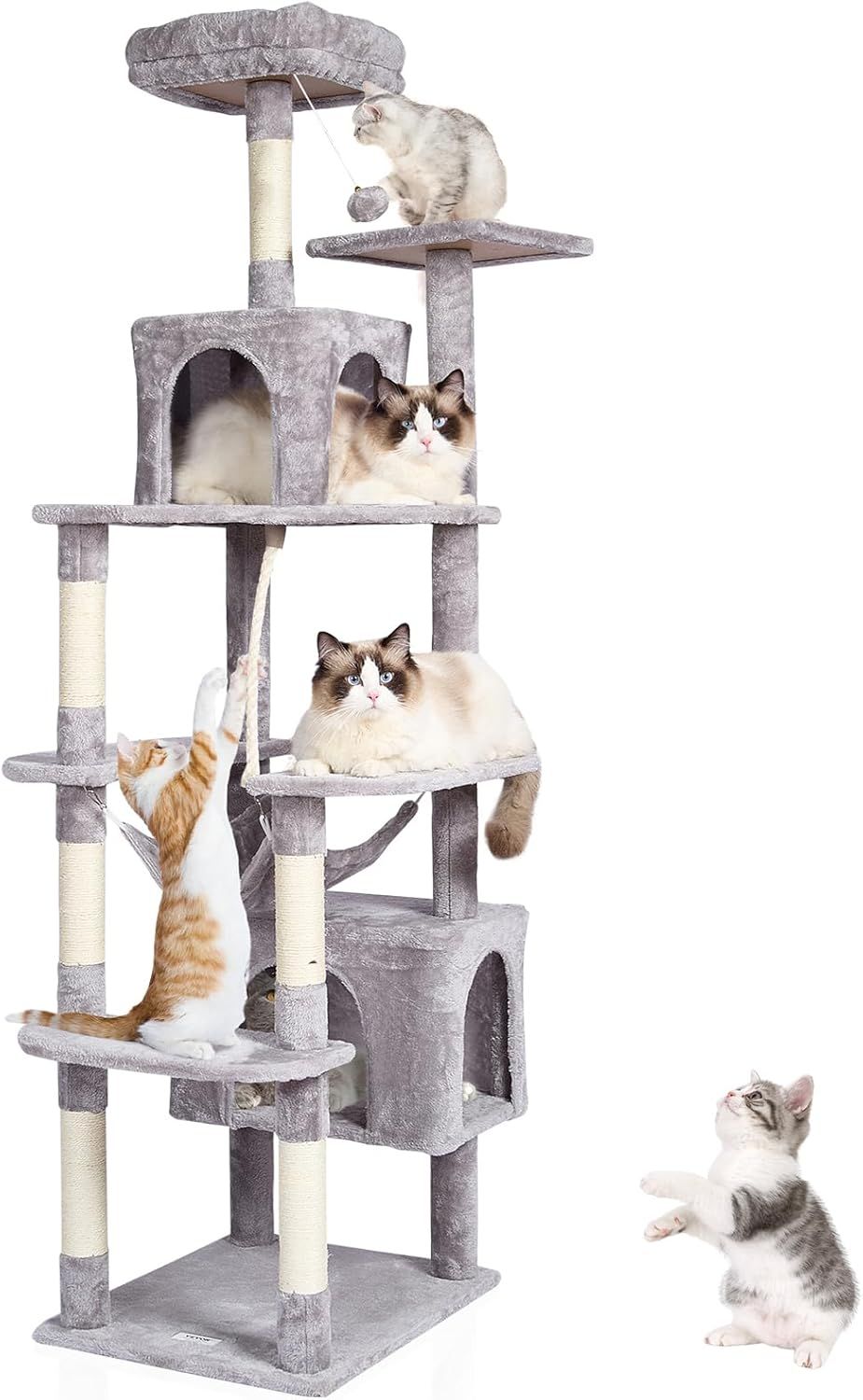 Light Grey 72" Cat Tower with Sisal Scratching Posts and Condos