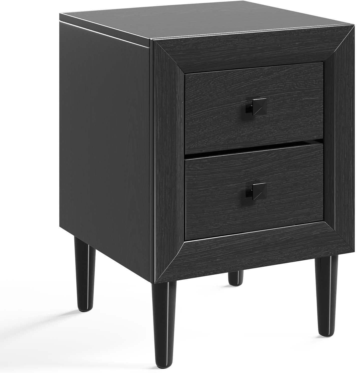 Black Rubberwood 2-Drawer Nightstand with Solid Wood Legs