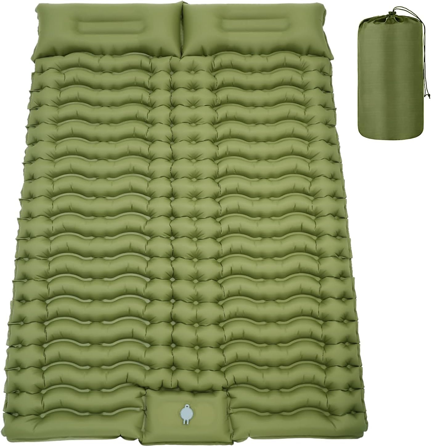 Olive Green Double Self-Inflating Camping Sleeping Pad with Built-in Pillow