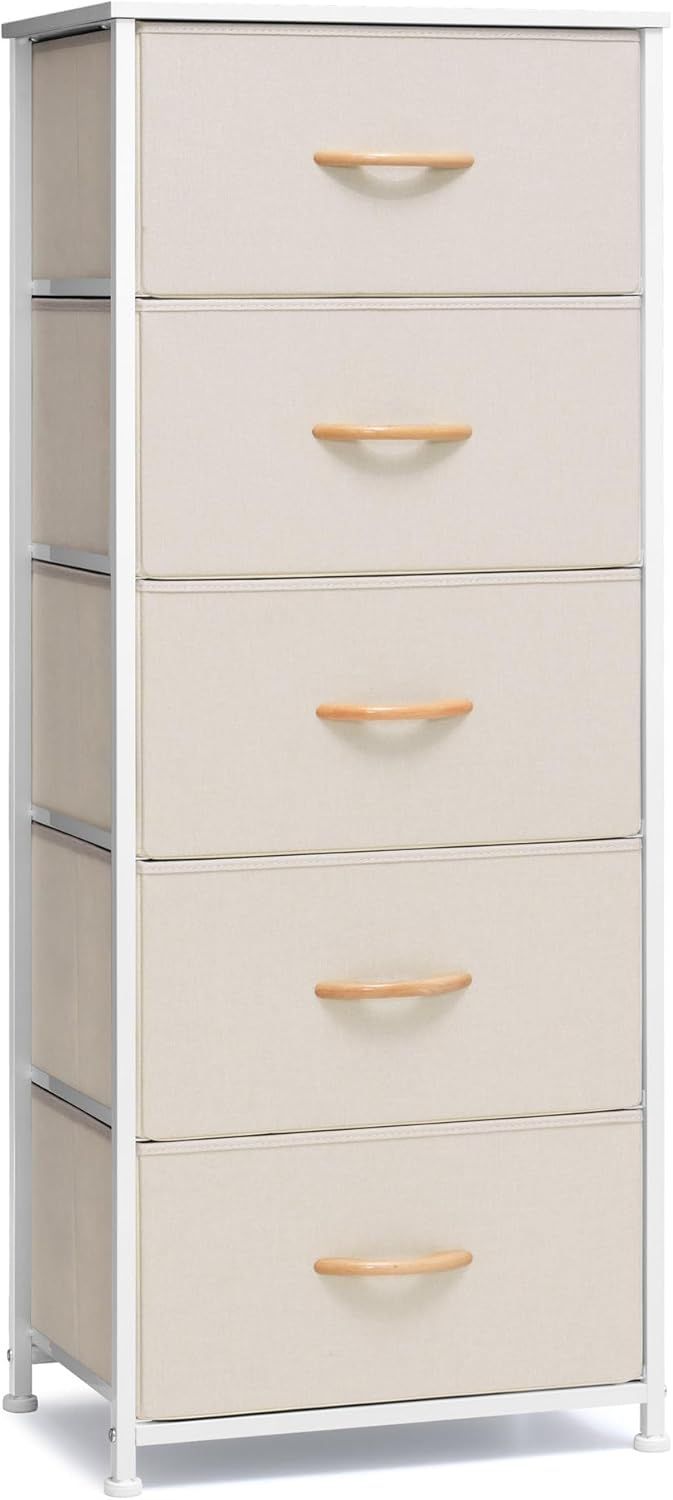 Beige Vertical 5-Drawer Fabric Dresser with Wood Handles