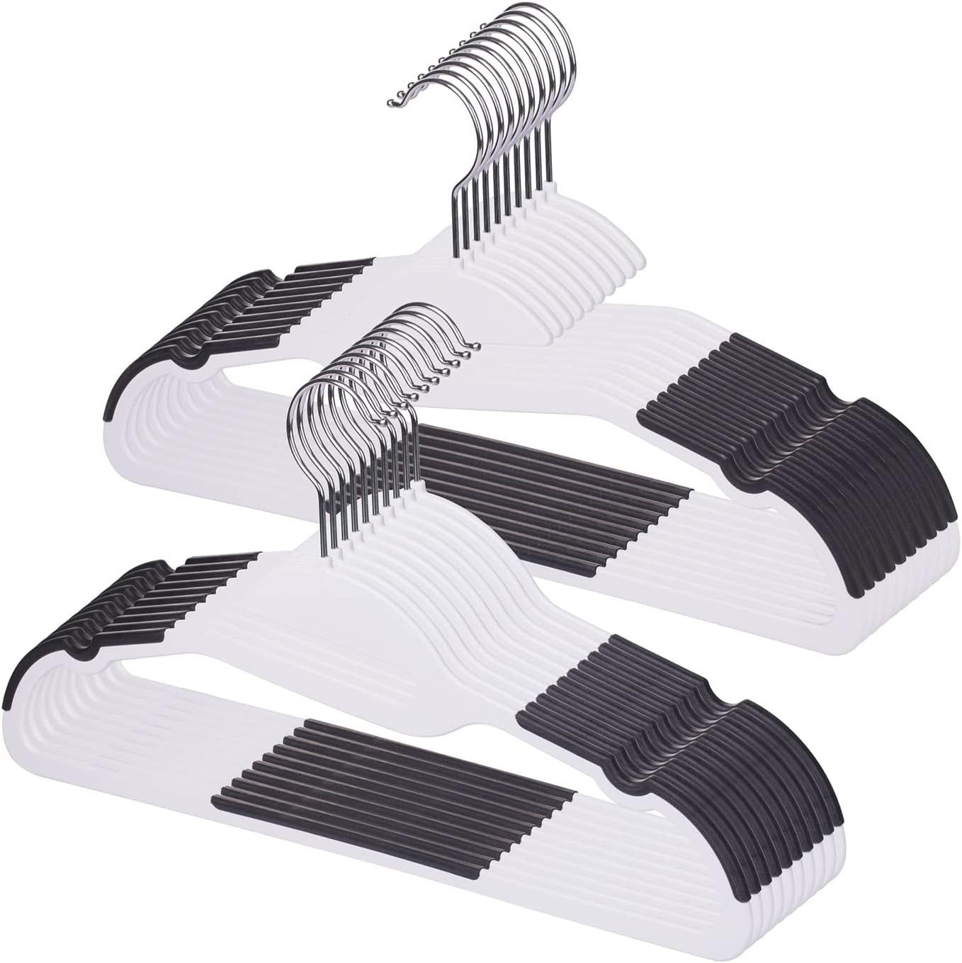 White and Dark Gray Slim Anti-Slip Plastic Coat Hangers with Metal Hooks, 50-Pack