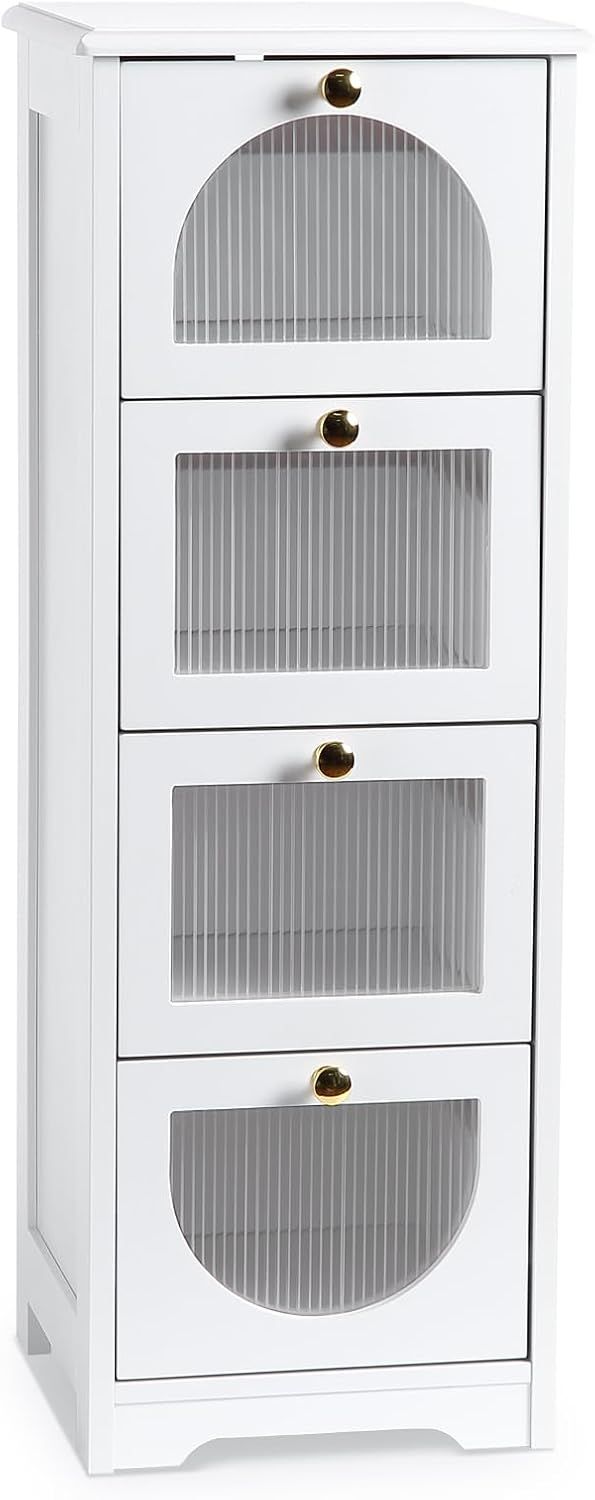 White Slim Wooden Storage Cabinet with Semitransparent Panels