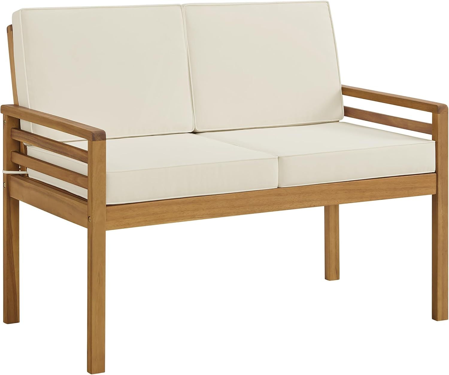 Natural Wood Two-Seater Outdoor Bench with Cream Cushions