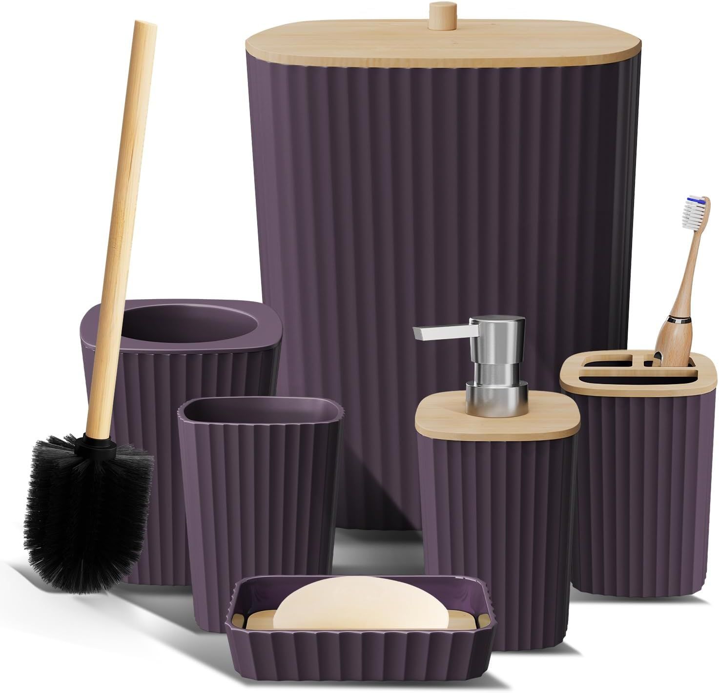 Purple and Bamboo 6-Piece Bathroom Accessory Set