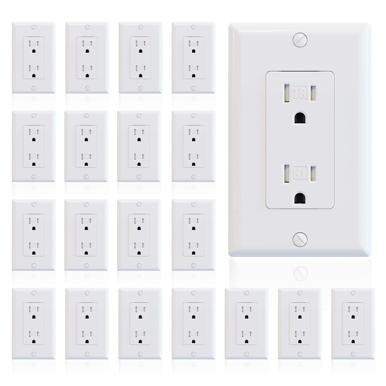 Glossy White Tamper Resistant Electrical Wall Outlet with Wall Plate, 15 Amp, 125V