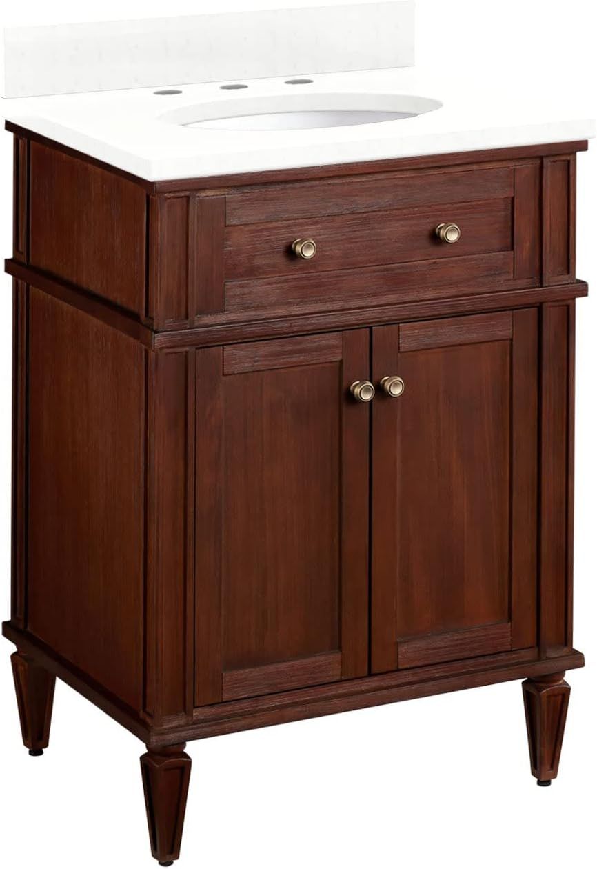 24" Antique Brown Mahogany Freestanding Bathroom Vanity with Quartz Top