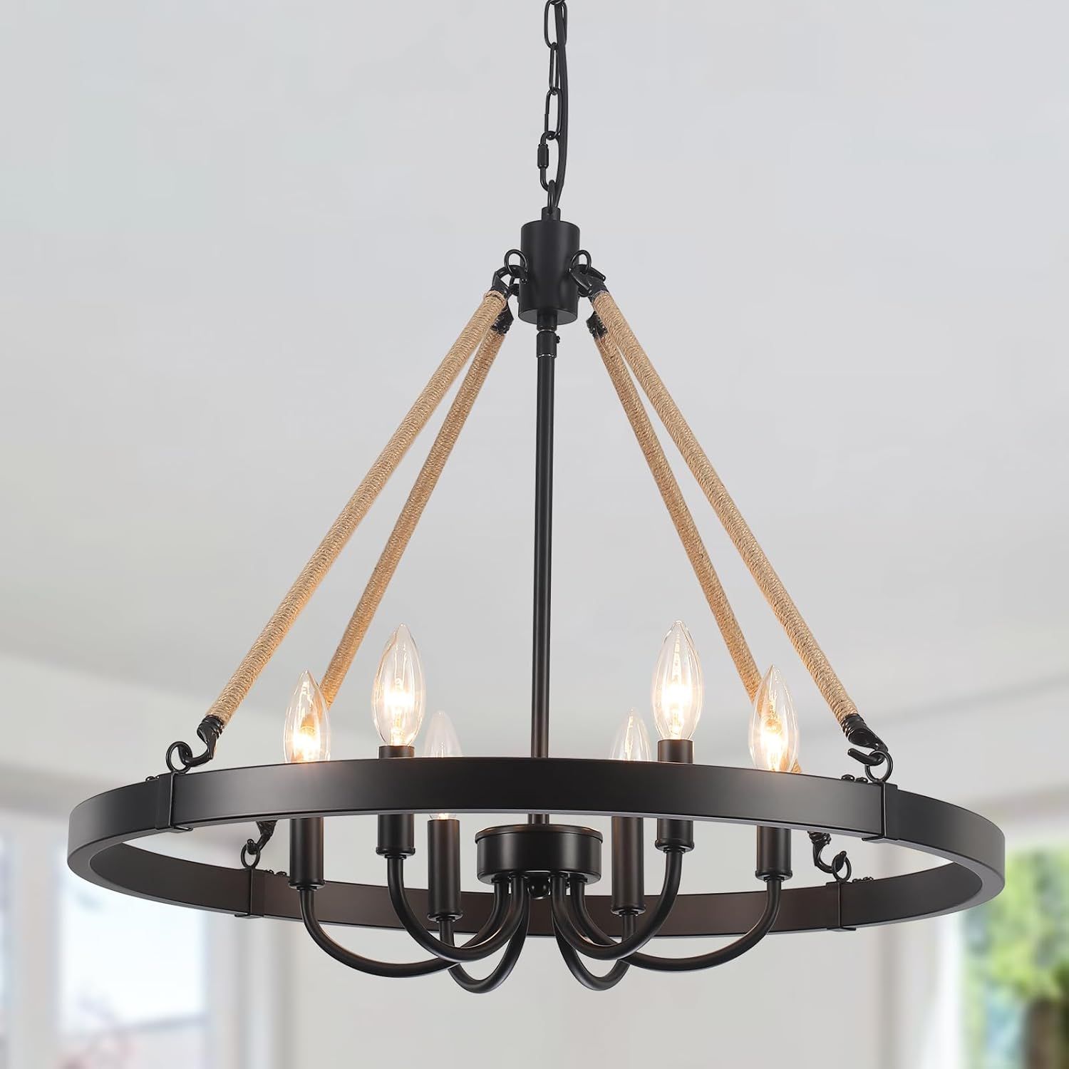 Black Farmhouse Wagon Wheel Candle Style Chandelier with Hemp Rope