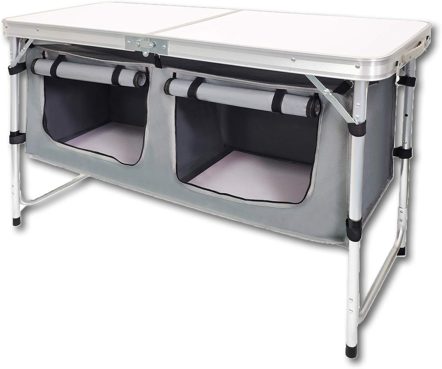 Adjustable Height Black and Gray Outdoor Folding Table with Storage