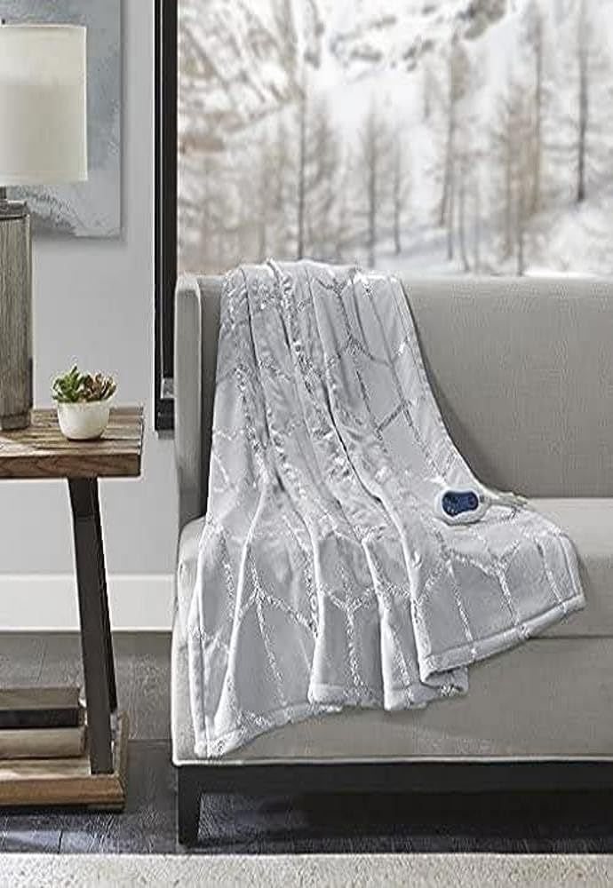 Grey Metallic Print Faux Fur Electric Throw Blanket