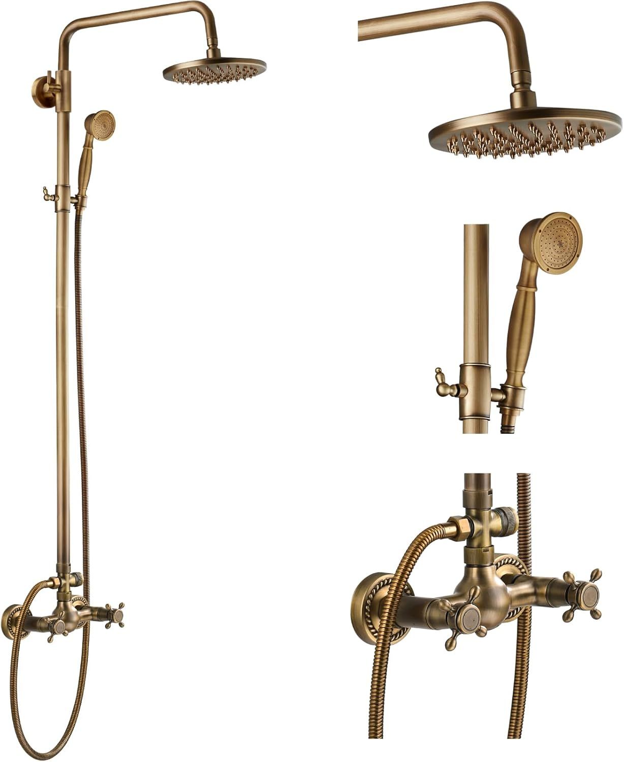 Antique Brass Adjustable Height Rainfall Shower Set with Handheld