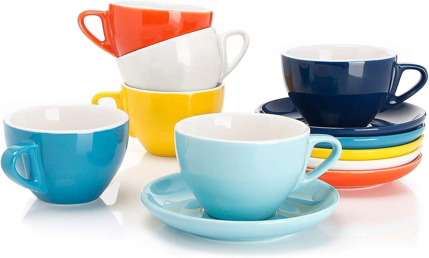 Multicolor Porcelain Cappuccino Cups with Saucers, Set of 6