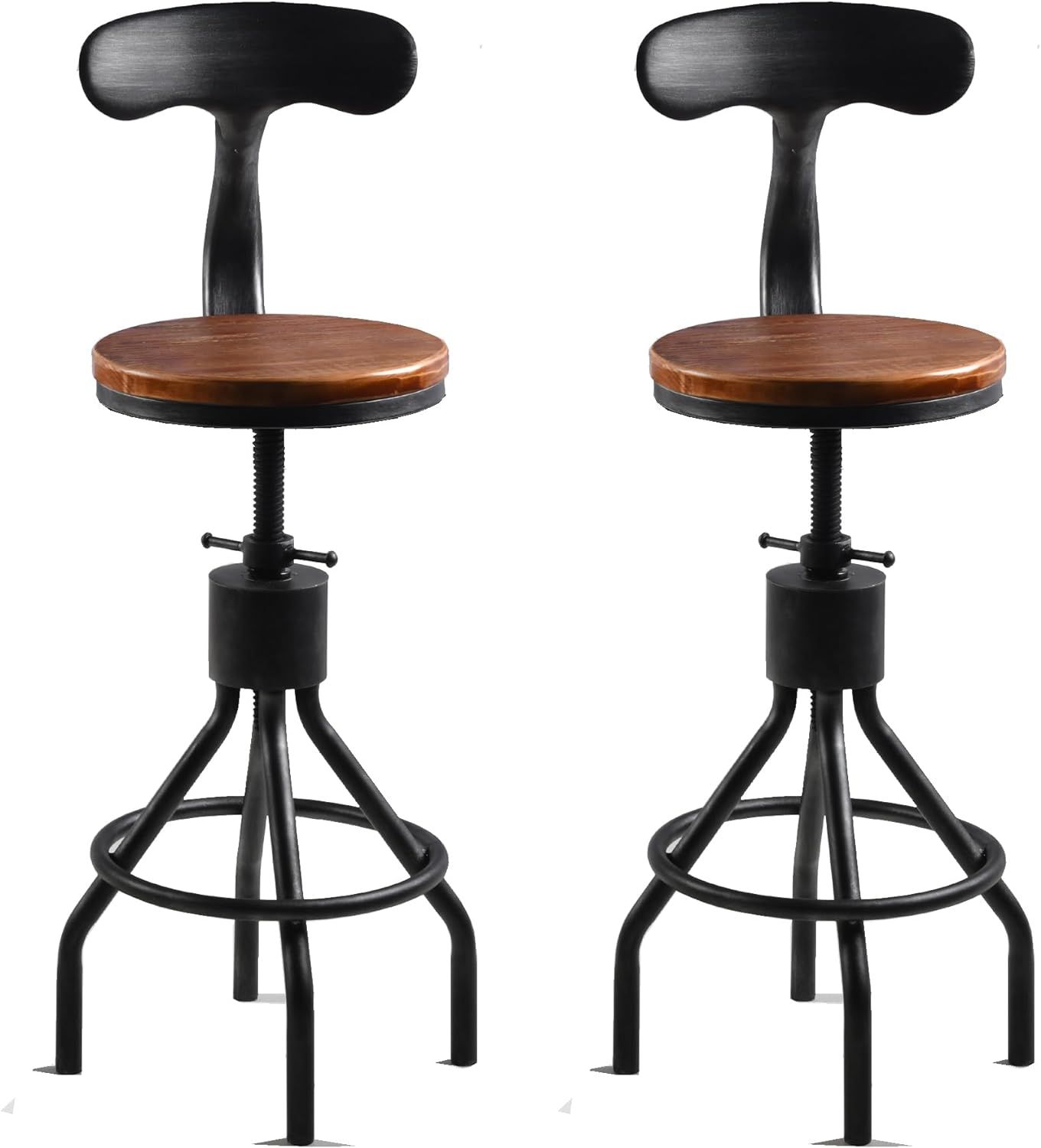 Adjustable Brown Wood and Metal Swivel Bar Stools with Backrest, Set of 2