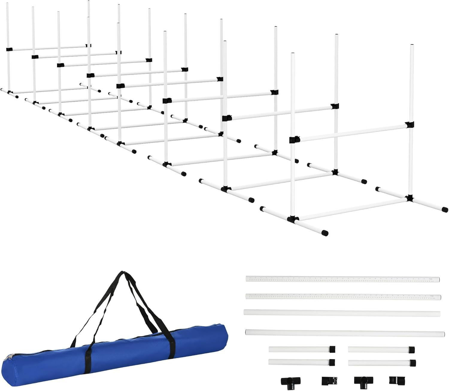 Adjustable Height White Dog Agility Training Kit with Carry Bag