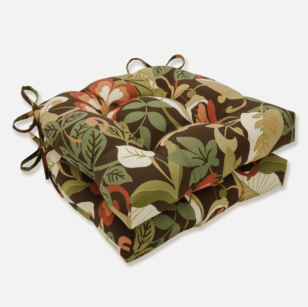 Botanical Brown and Green Tufted Outdoor Chair Cushions, Set of 2