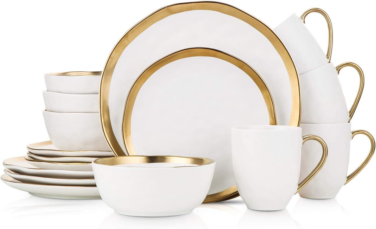 White and Gold Porcelain 16-Piece Dinnerware Set for 4