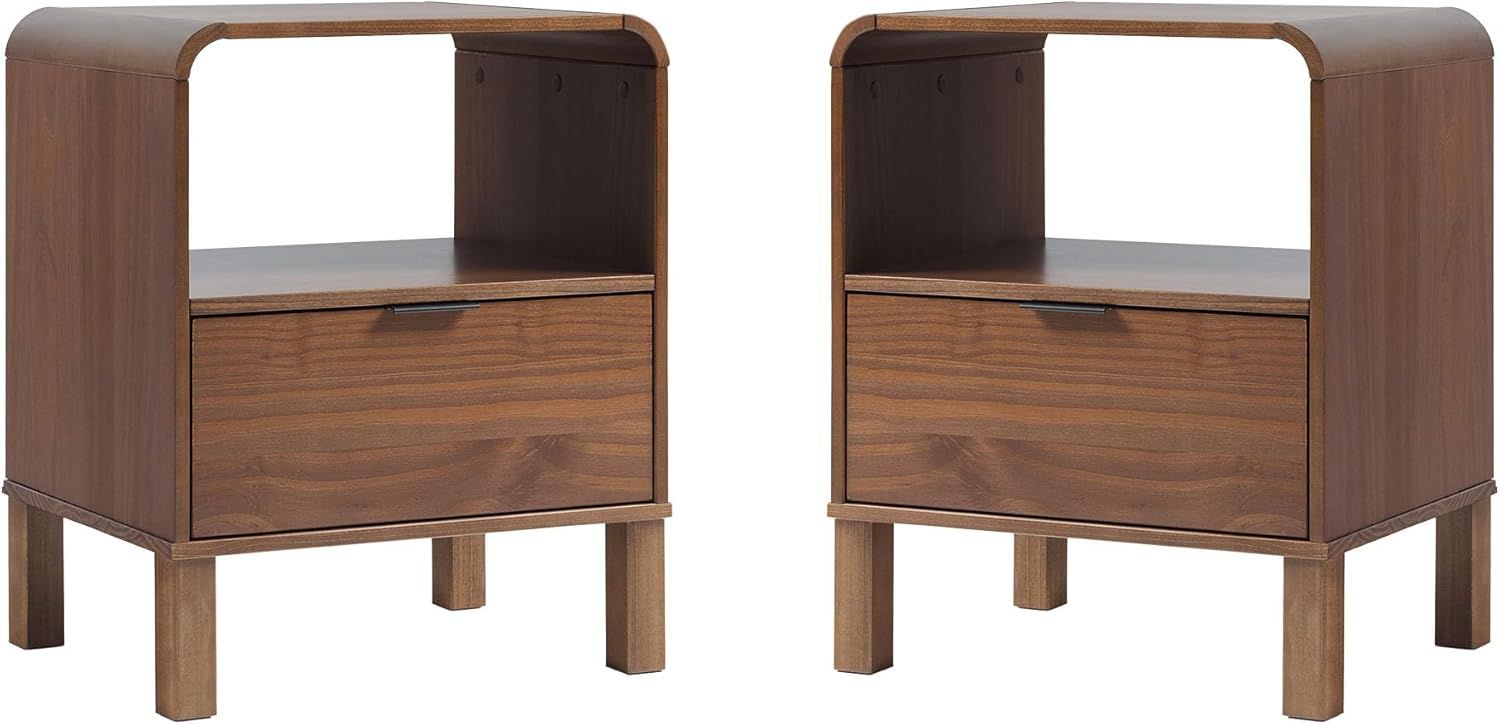 Black Solid Pine Wood Modern Nightstand Set with Drawer, 2-Pack