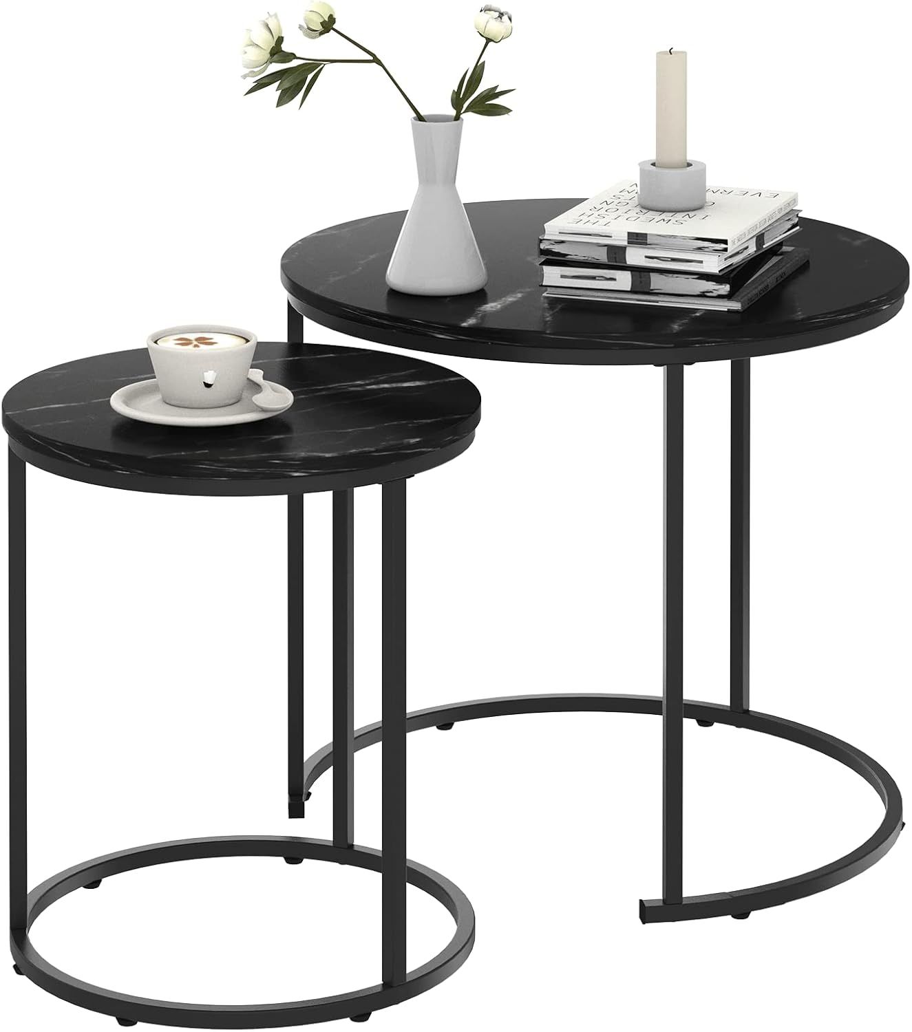 Black Marble Nesting Coffee Table Set with Metal Frame