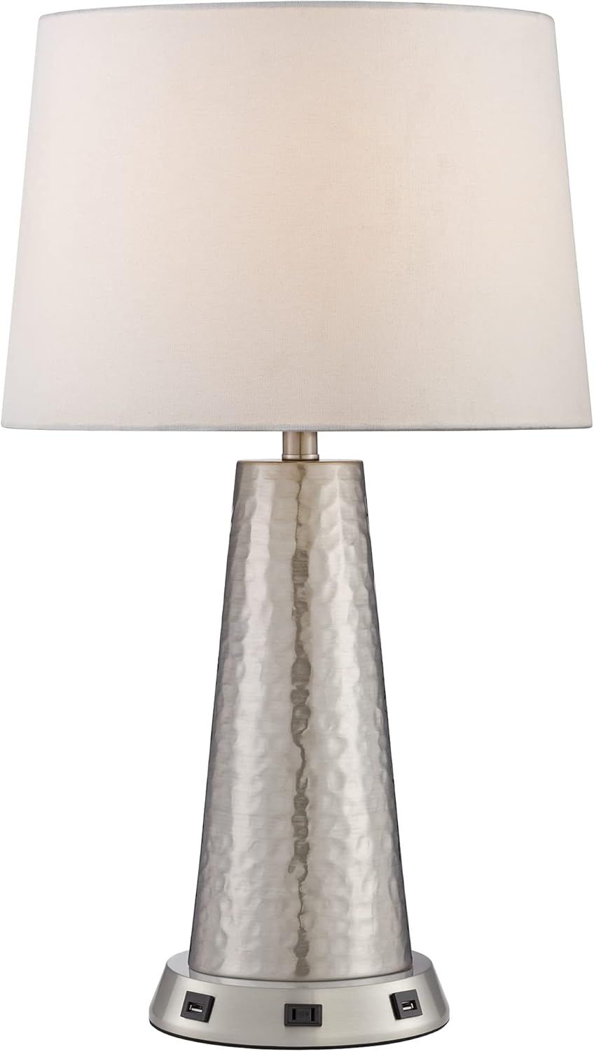 Silver Hammered Metal Table Lamp with USB Charging Base