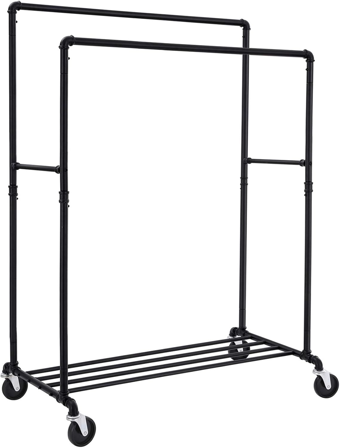 Black Double-Rod Industrial Metal Garment Rack with Wheels