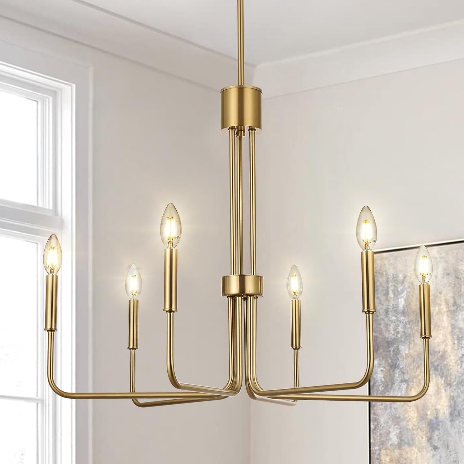 Brushed Gold 6-Light Modern Brass Chandelier with Crystal Embellishments