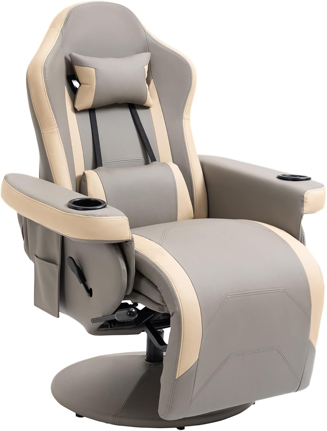 Gray and Beige Faux Leather Swivel Recliner with Cup Holders