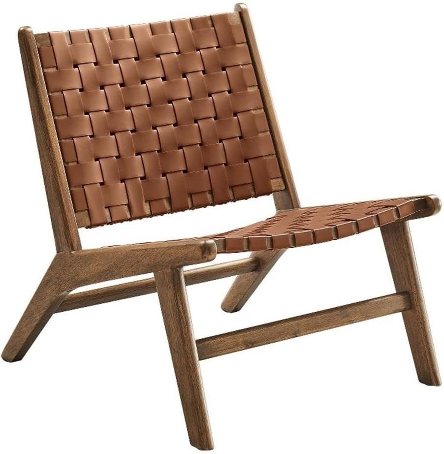 Walnut Brown Woven Faux Leather Wood Accent Chair