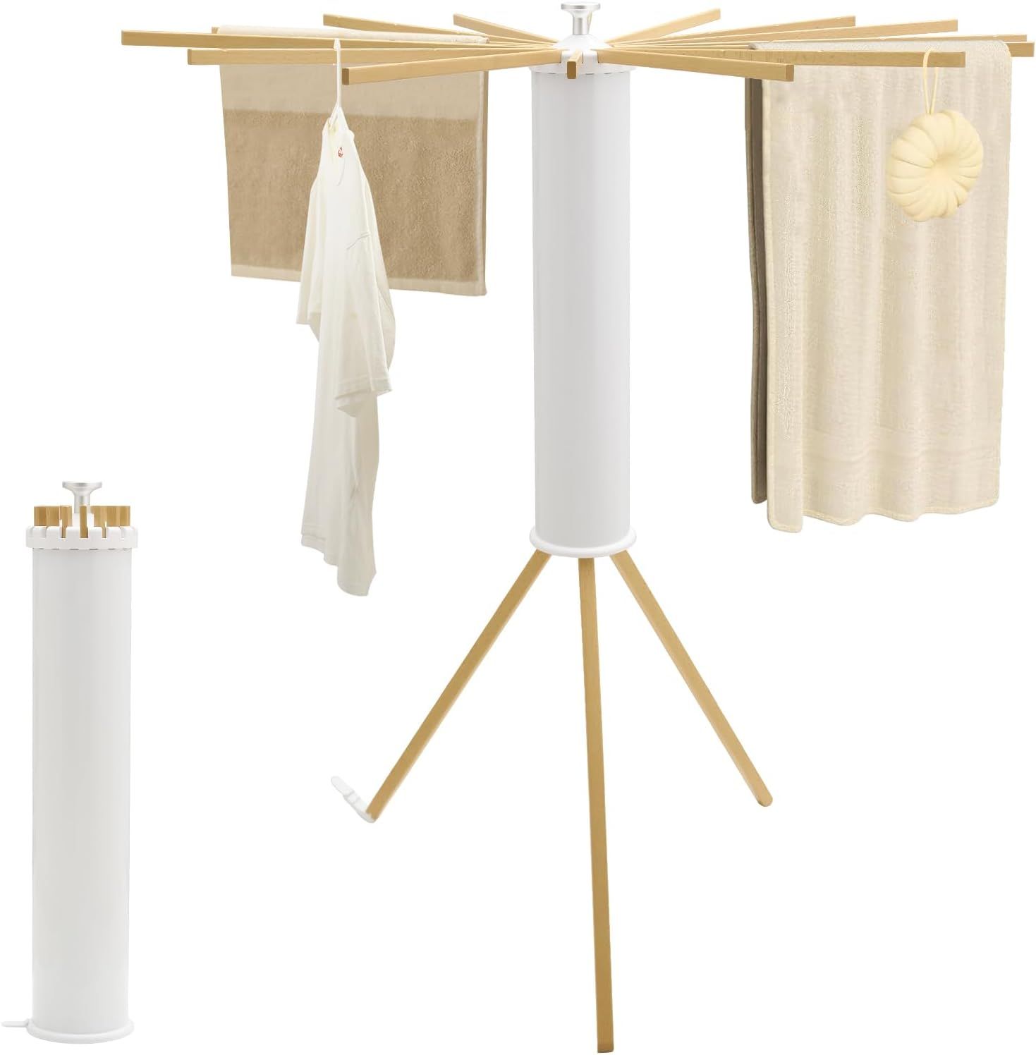 White and Natural Wood Foldable Tripod Clothes Drying Rack