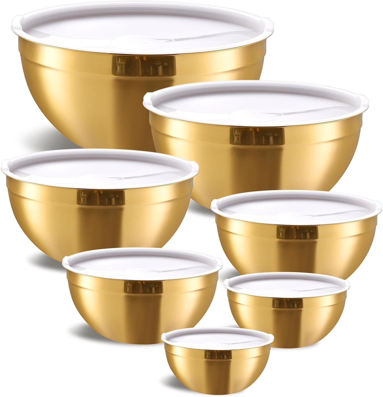 Gold Stainless Steel Mixing Bowls with White Lids, Set of 7